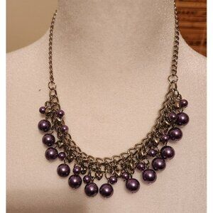 Matching Purple Beaded Necklace & Earring Set With Silver tone Chain